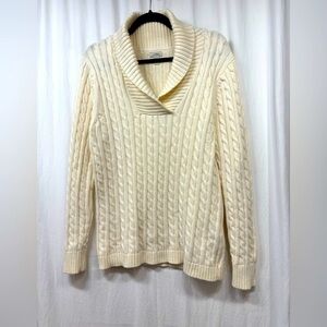 LL Bean Cream VNeck Shawl Collar Cable Knit Sweater Womens Size Large